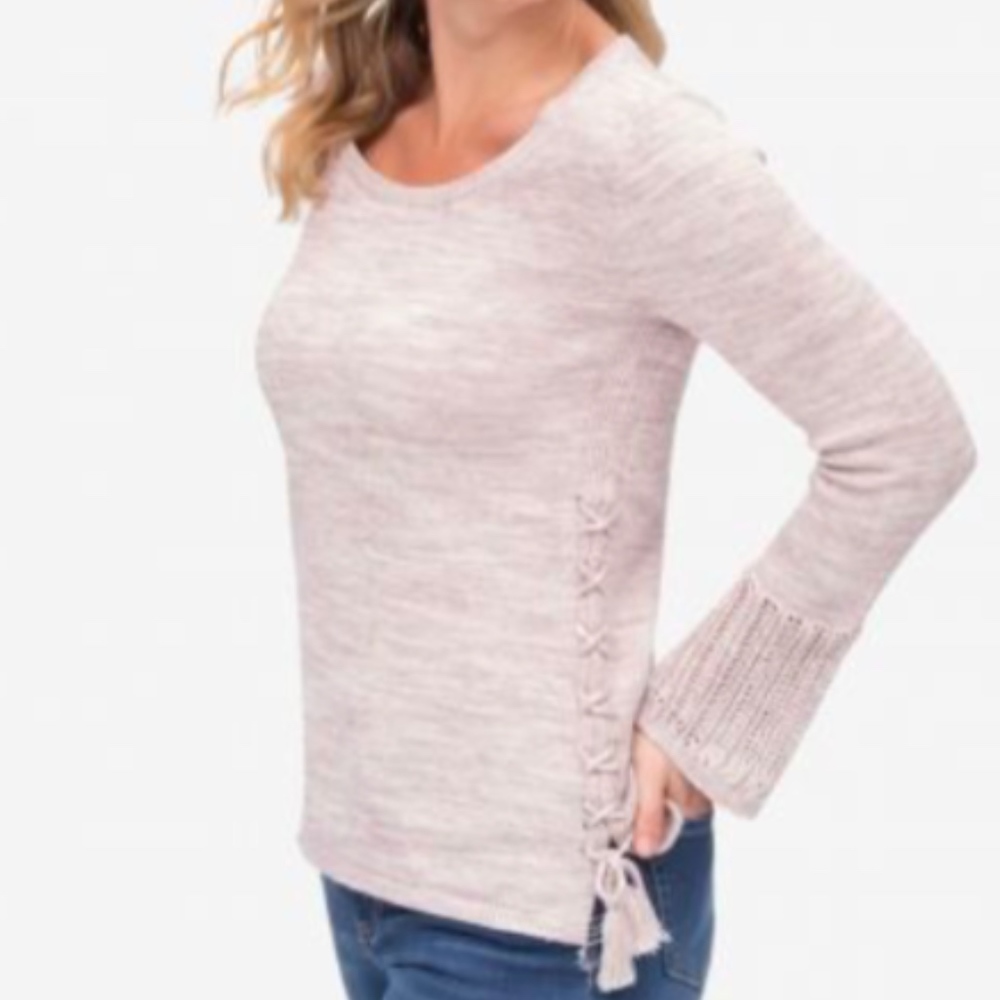 Pink and Grey Sweater Bell Sleeve Tie Side
